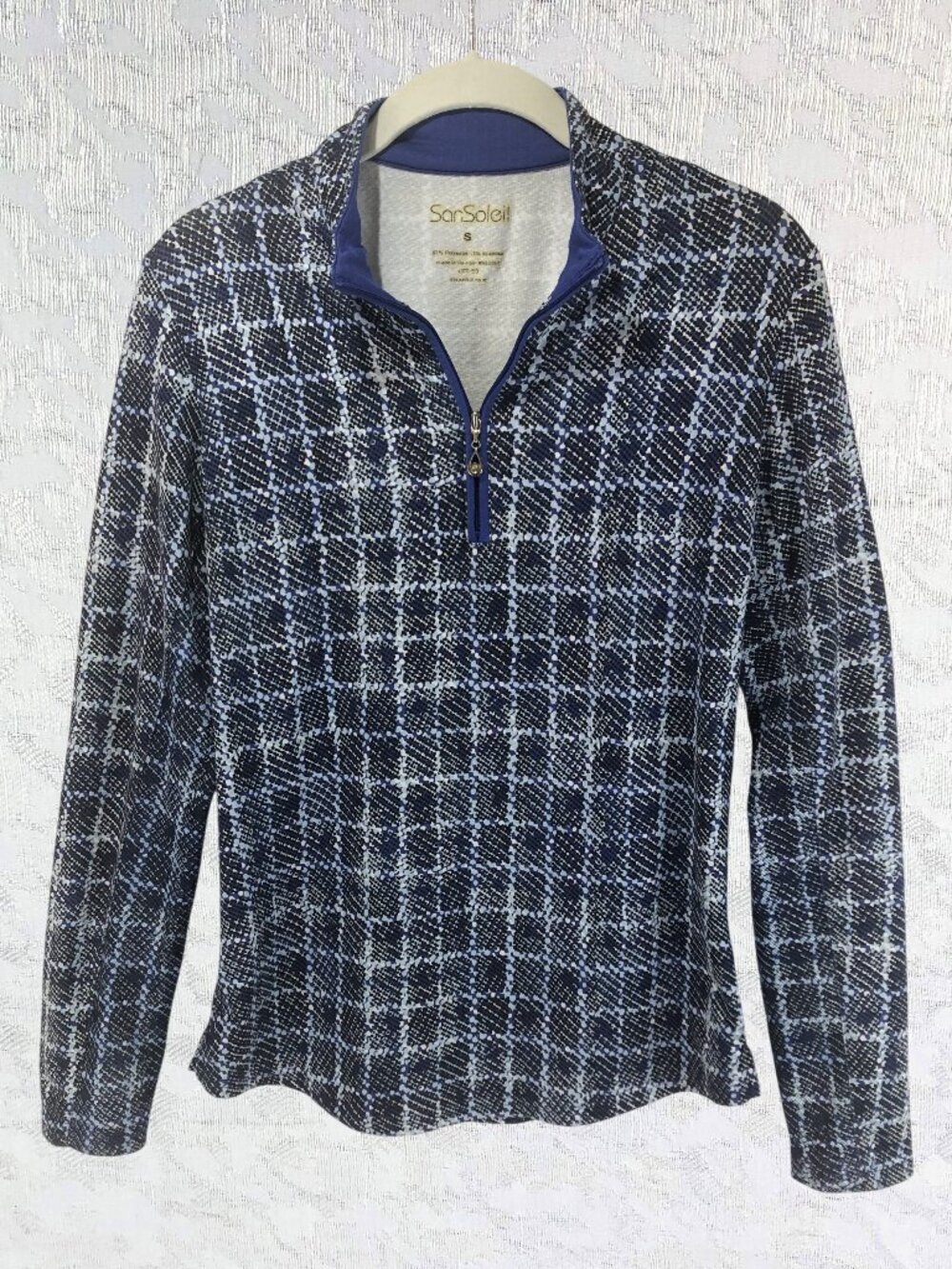 SanSoleil Blue Plaid Quarter Zip Pullover Long Sleeve Cooling Stretch Top Size S